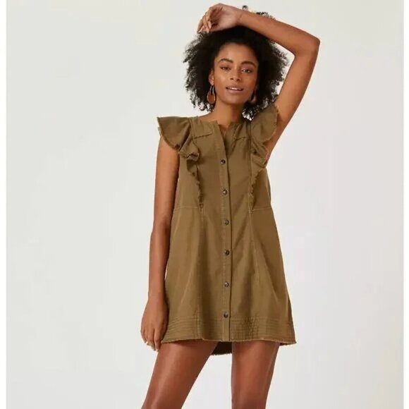 Anthropologie Pilcro Flutter-Sleeve Buttondown Tunic Dress Size Medium Green - Picture 1 of 10